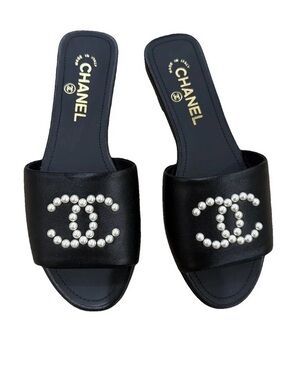 CHANEL Black Leather Sandals with Pearl Embellishments Size 9